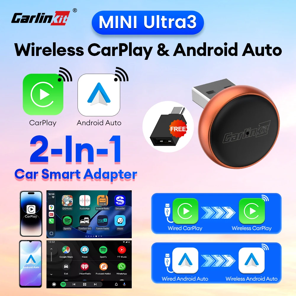 Image of   Mini Ultra 3 CarlinKit Wireless Android Auto Box Kabelgebundener zu kabelloser CarPlay-Adapter Plug & Play WLAN Bluetooth Schnelle Auto-Verbindung