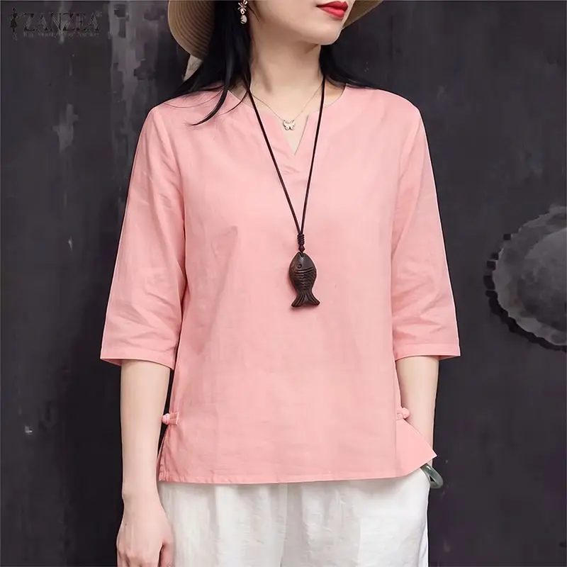 ZANZEA Women Blouses Cotton Tops Blusas Fashion 3/4 Sleeve V Neck Tunic Tops OL Work Party Autumn Summer Streetwear Oversize