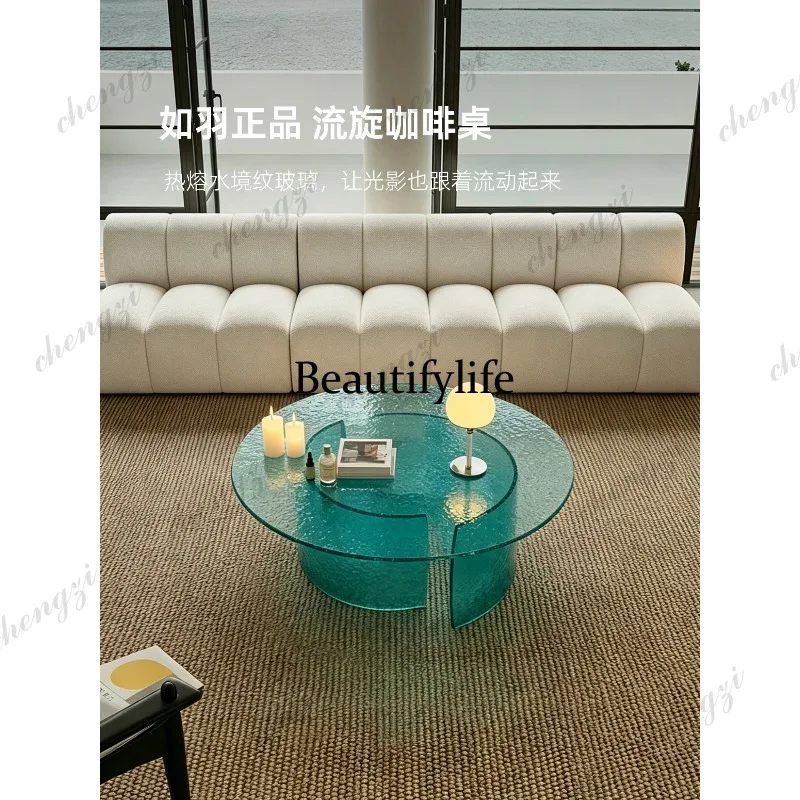 Italian minimalist living room coffee table hot melt glass round water ripple sofa coffee table