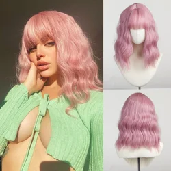 Pink Short Wave Synthetic Wigs with Bangs for White Women Bob Wavy Pink Hair Wig Cosplay Party Halloween Natural Heat Resistant