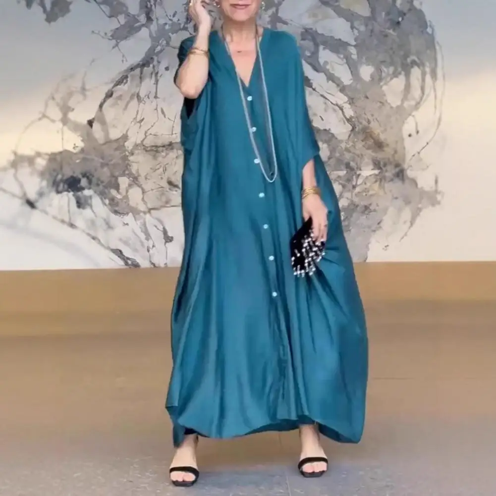Women Solid Color Dress Elegant V-neck Maxi Dress with Batwing Sleeves Buttoned Placket Solid Color Satin Shirt Dress for Women