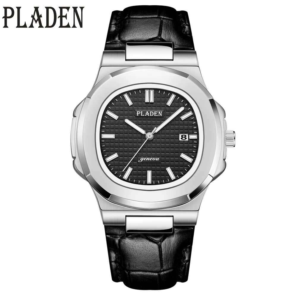 PLADEN Men Watch Classic Designer Leather Band Luminous Men\'s Watches Brand Luxury Calendar Chronograph White Quartz Wristwatch