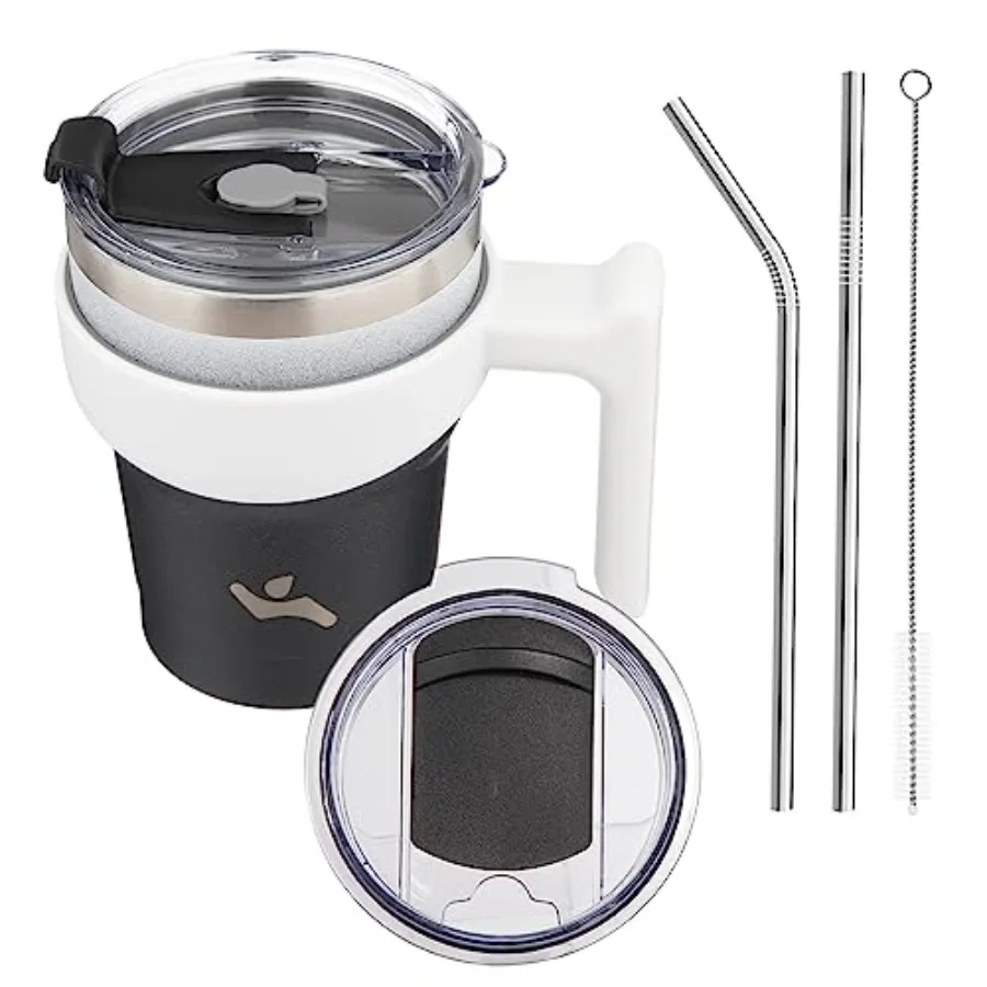 

Tumbler with Handle and 2 Straw 2 Lid, Insulated Water Bottle Stainless Steel Vacuum Cup Reusable Travel Mug