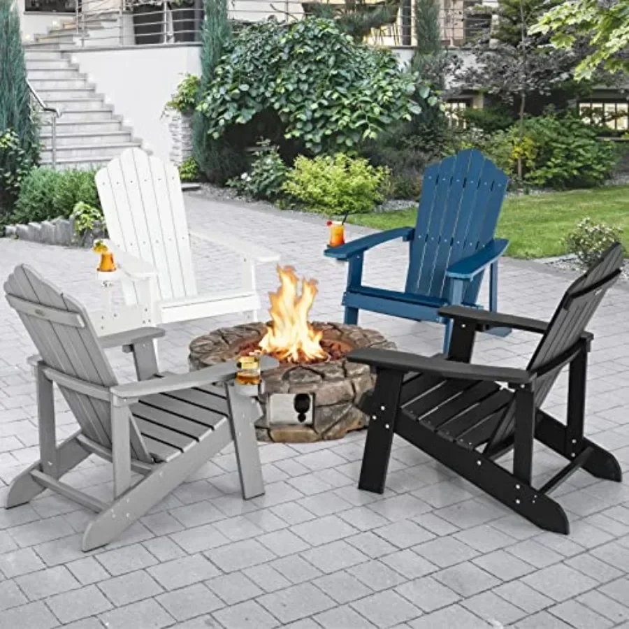 Outdoor Adirondack Chair - Oversized Patio Chairs w/Hidden Cup Holder, Realistic Wood Grain Texture, Gray, 380 LBS Weight Capac