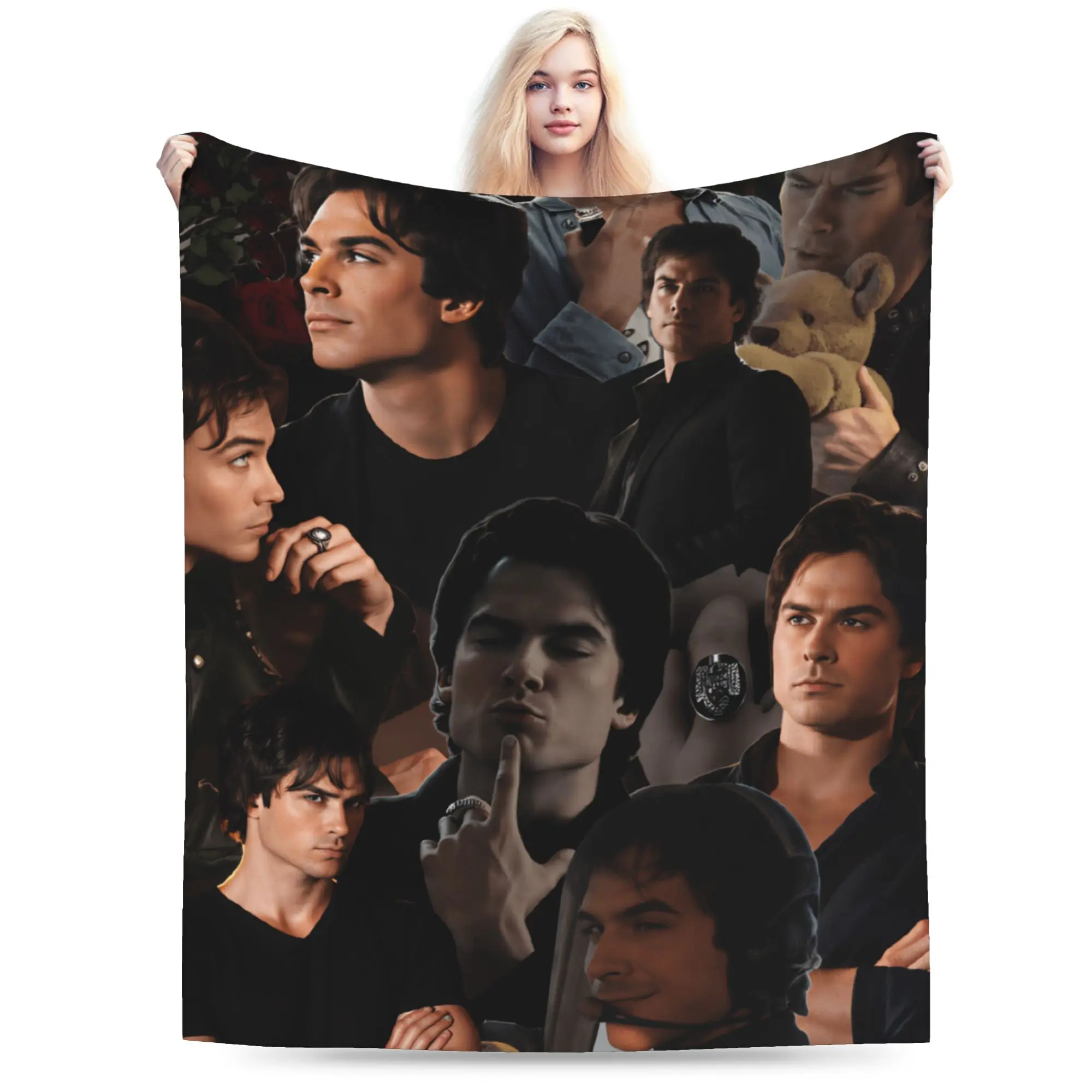 Damon Salvatore The Vampire Cozy Blanket  Graphic Travel Office Throw Blanket Outdoor Flannel Bedspread Sofa Bed Cover