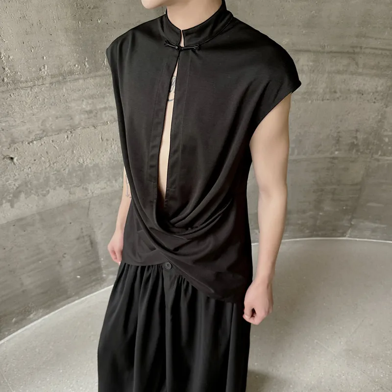 

New Summer Chinese Sle Stand Collar Buttonl Svel Top Hollow out Cross Design High End Faion Trendy Tank Top