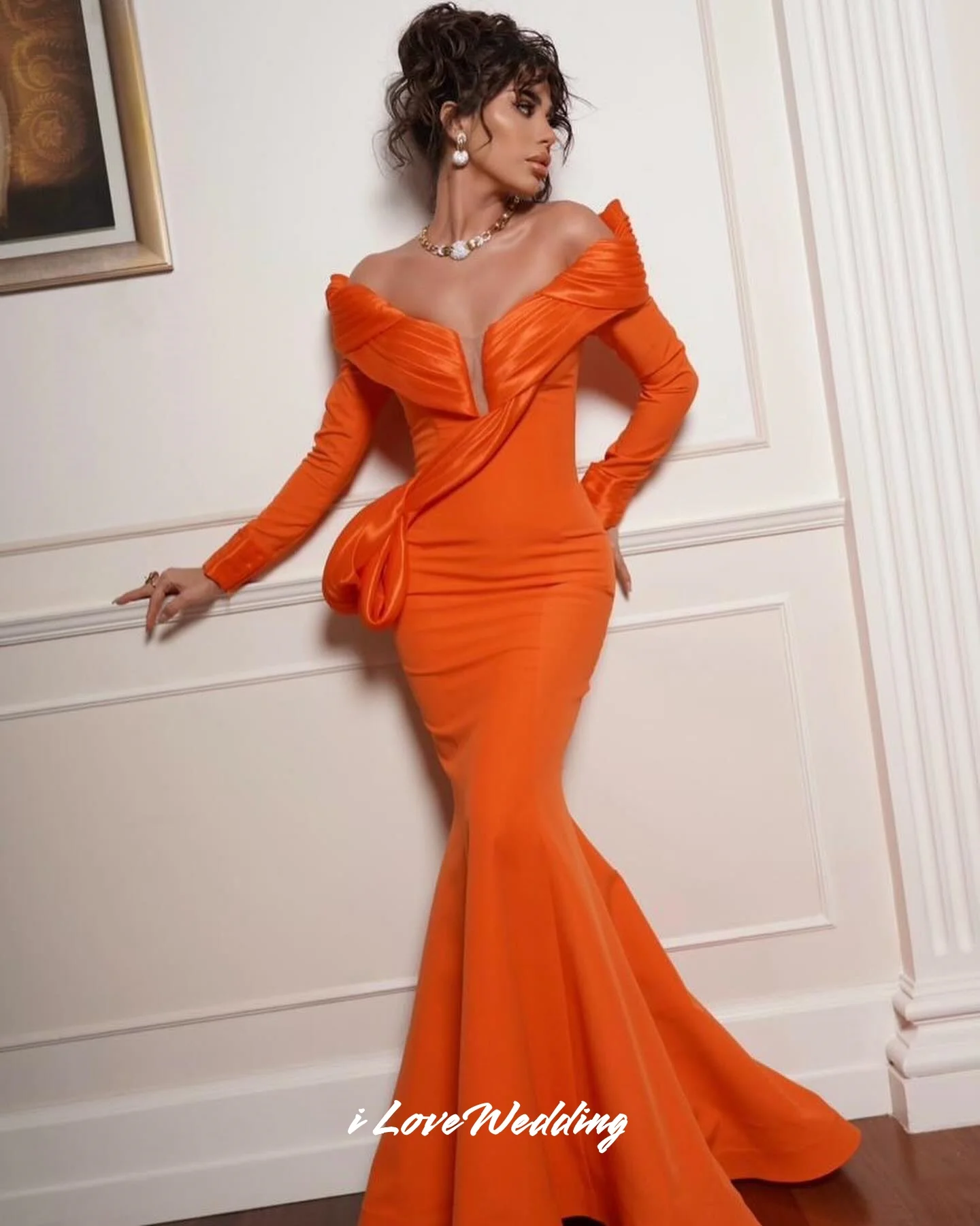 

Orange Off the Shoulder Prom Dresses 2025 Long Sleeve Pleated Mermaid Floor-length Evening Dress Wedding Party Dress Customized