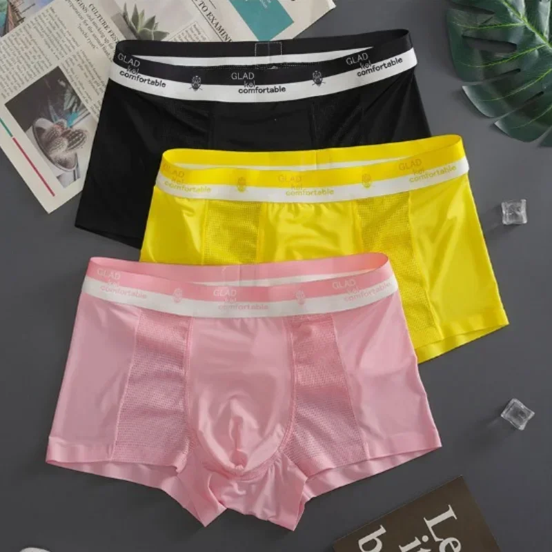 Boxer rosa boxer piatti da uomo in seta di ghiaccio pantaloncini da ragazzo U sacchetto convesso intimo Bikini maschile Lingerie Sexy mutandine