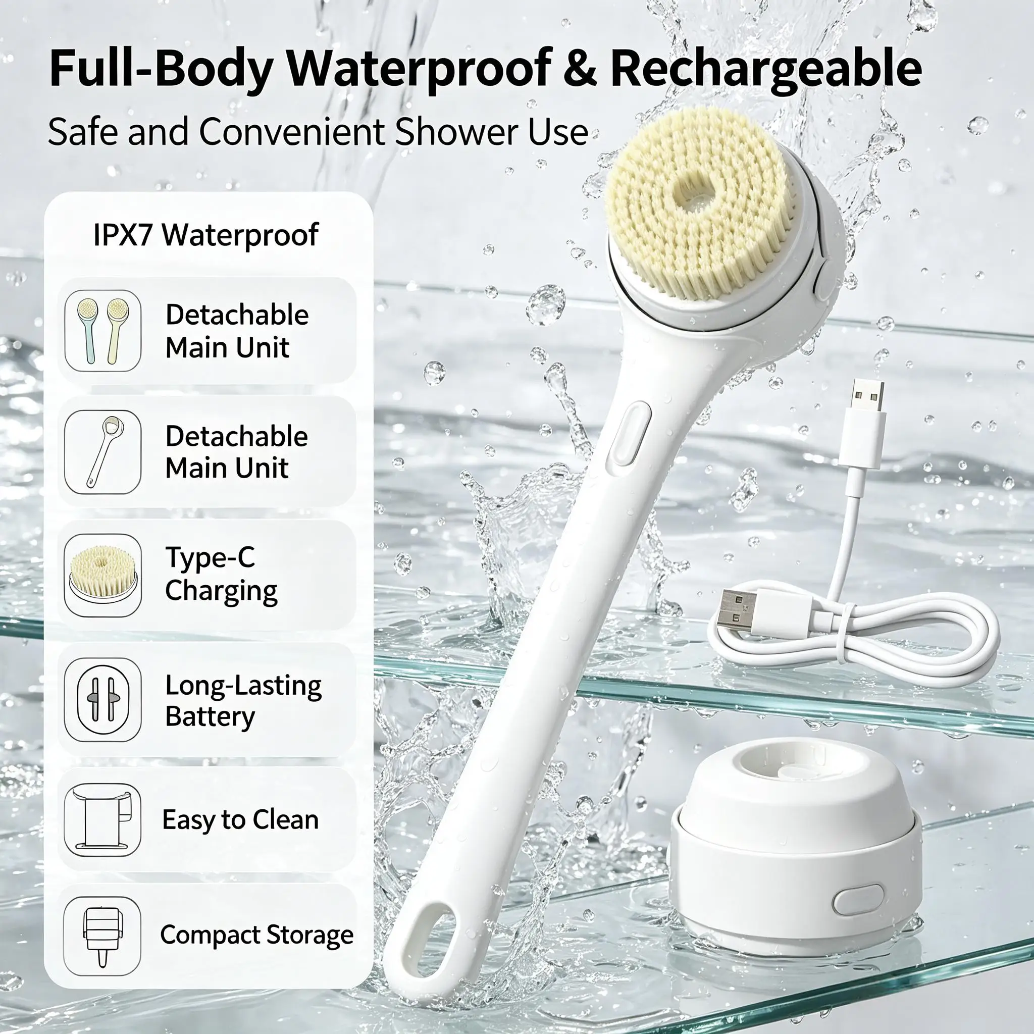 Long Handle Electric Shower Brush Rechargeable Body Back Scrubber Waterproof Exfoliating Massage Bath Brush Detachable Heads