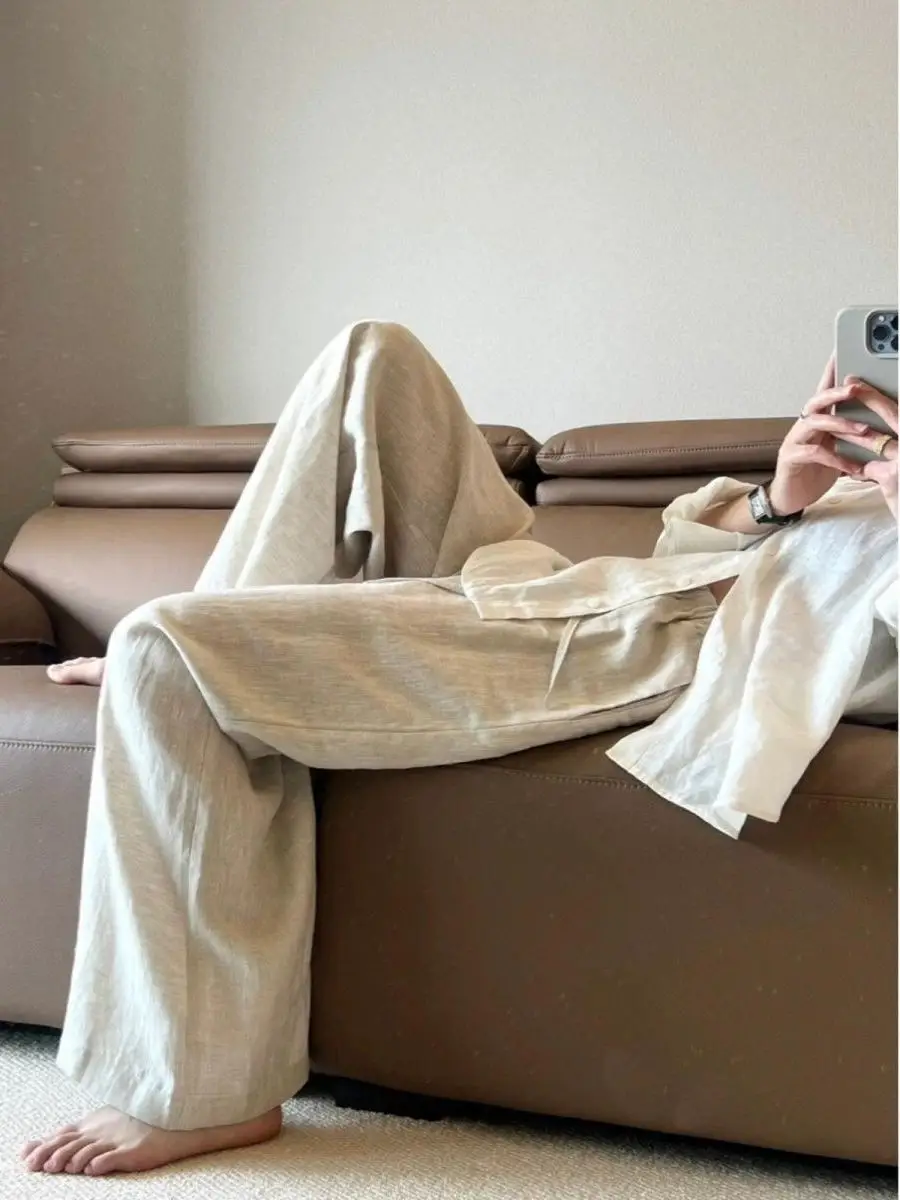 Japonês sle tamanho pequeno linho calças de perna larga feminino verão drapeado preguiçoso casual algodão linho calças de perna reta