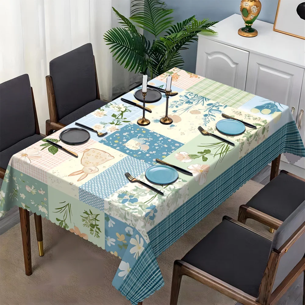 Light Color Patchwork Flower Rabbit Table Cover Scalloped Edge Waterproof Tablecloth for Spring Style Kitchen Holiday Table