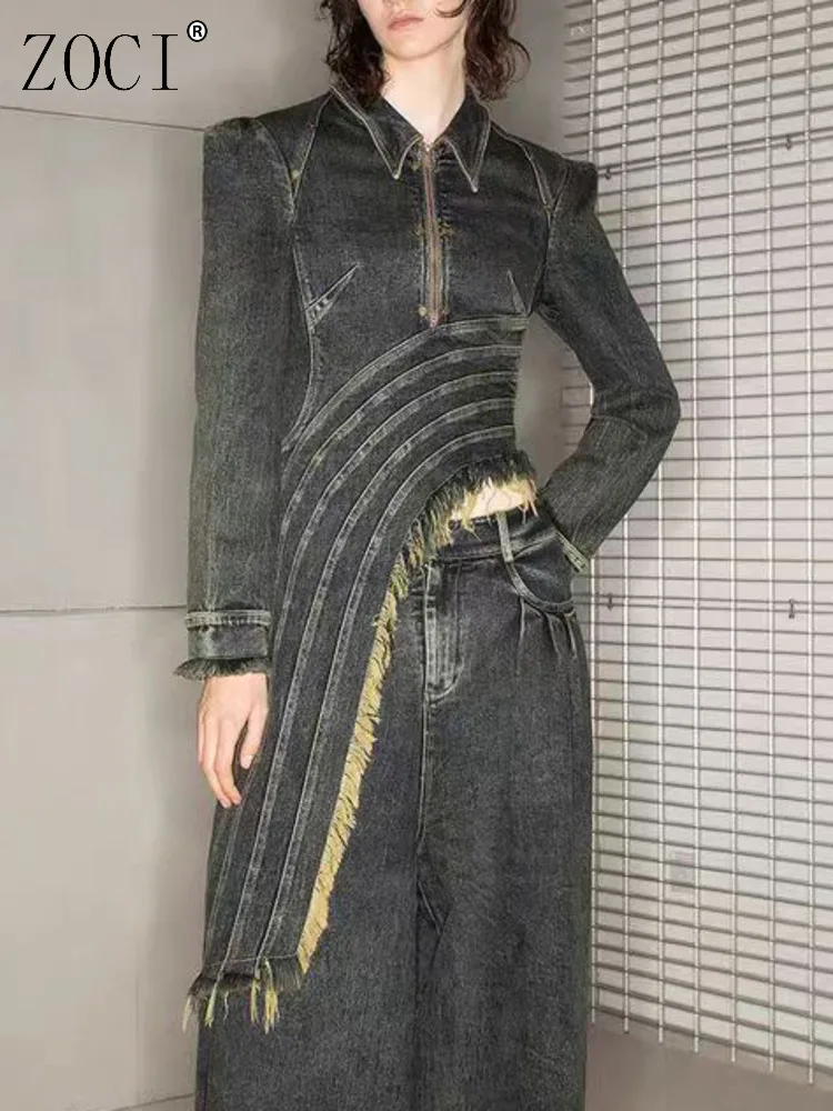 

ZOCI женские джинсовые куртки нестандартного кроя, уличное пальто с лацканами для женщин, уникальный дизайн, модная одежда, весна 2025, FC1362