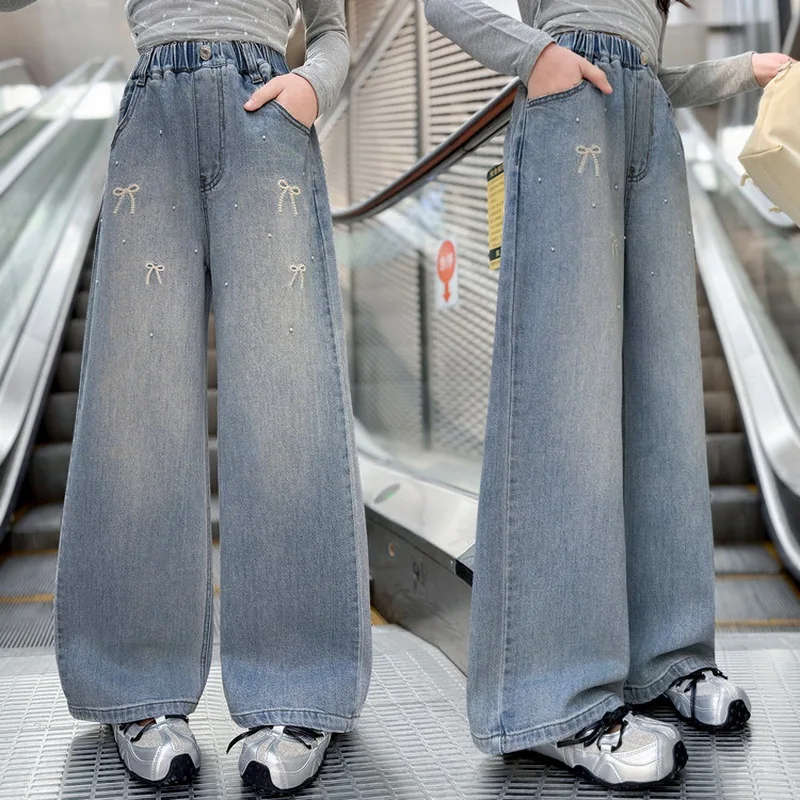Kids Straight-leg Denim Pants with Bow Embroidery Beaded Grils Casual Wide-Leg Jeans Child Spring Fashion Korean Loose Trousers
