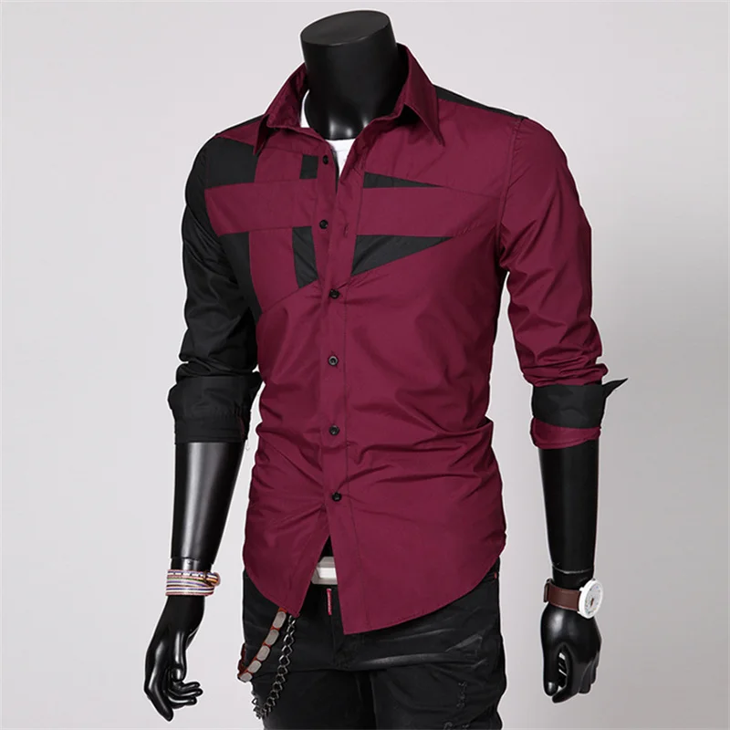 Camisa de manga larga para hombre, diseño de empalme, camisa de moda informal, ajustada, ropa de diseñador de Color de contraste, Top de