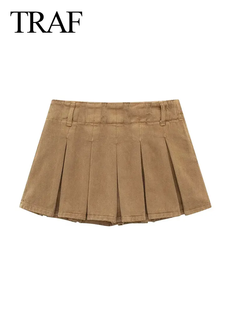 

TRAF Summer Women's Fashion Shorts Chic Wide Pleat Skirt Low Waist Side Pull Casual Skirt Ultra Short Wild Female Mini Skirts