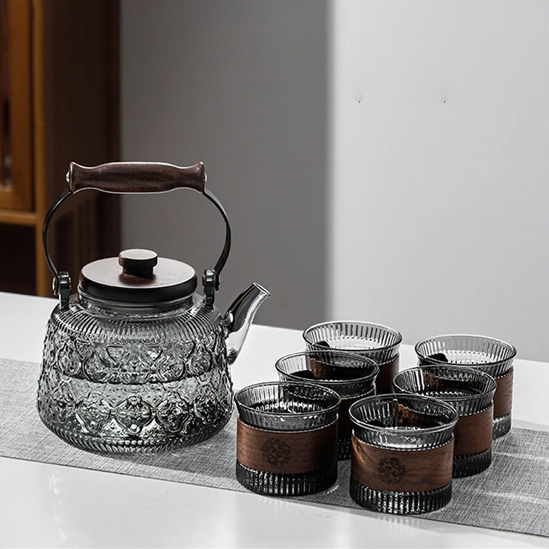 Glass Teapot with Infuser Handle High Borosilicate Tea Kettle Flower Tea Set Kitchen Induction Gas Stove Tea Pot Home Teaware