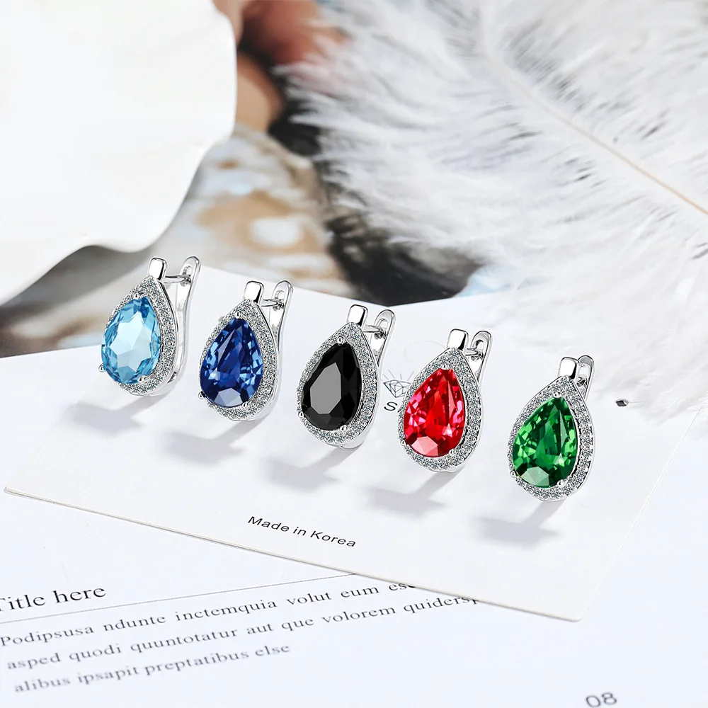 

925 Sterling Silver Multi-color Teardrop-shaped Zircon and Diamond Earrings Anniversary Birthday Wedding Party Gift