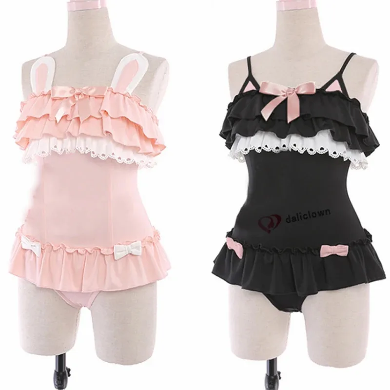 Traje de baño de una pieza para mujer, disfraz de Cosplay de Anime Sexy, traje de baño Kawaii de gato negro y conejo en polvo, Sukumizu japonés Lolita