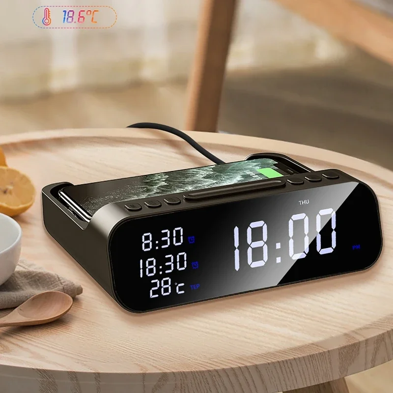 Wireless Charger Fast Charge Alarm Clock  Digital Alarm Clock Wireless Charger Temperature Display Wireless Chargers USB Clock