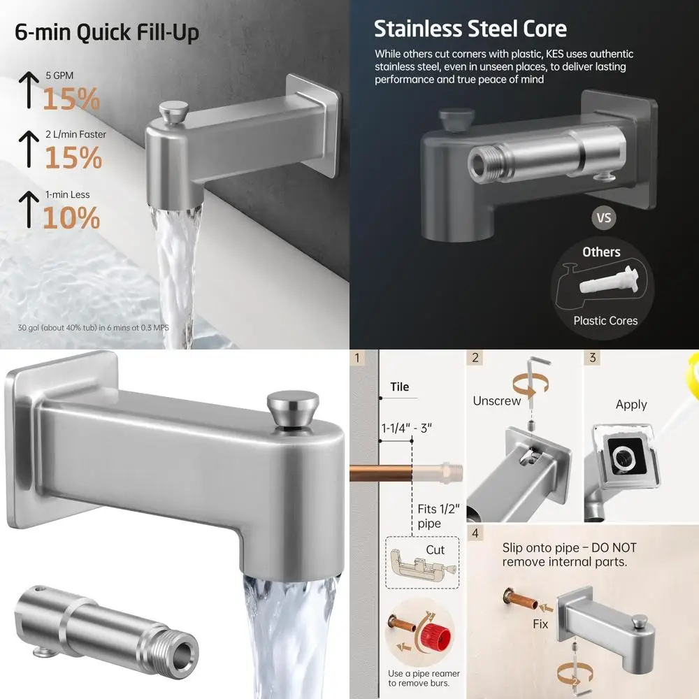 

Brushed Nickel Tub Faucet with Diverter, 5-3/8 Spout for 1/2 Copper Pipes, All-Metal Construction