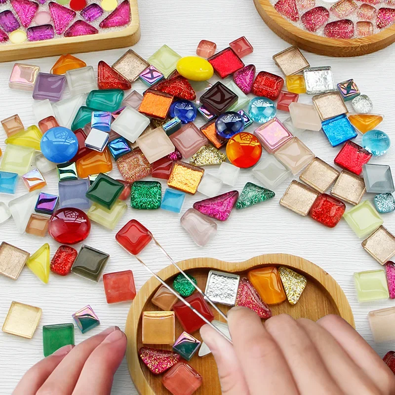 120g/4.23oz Diversified Glass Mosaic Tiles Shape/Color Mix Tile Round/Triangle/Square DIY Mosaic Craft Shiny Materials