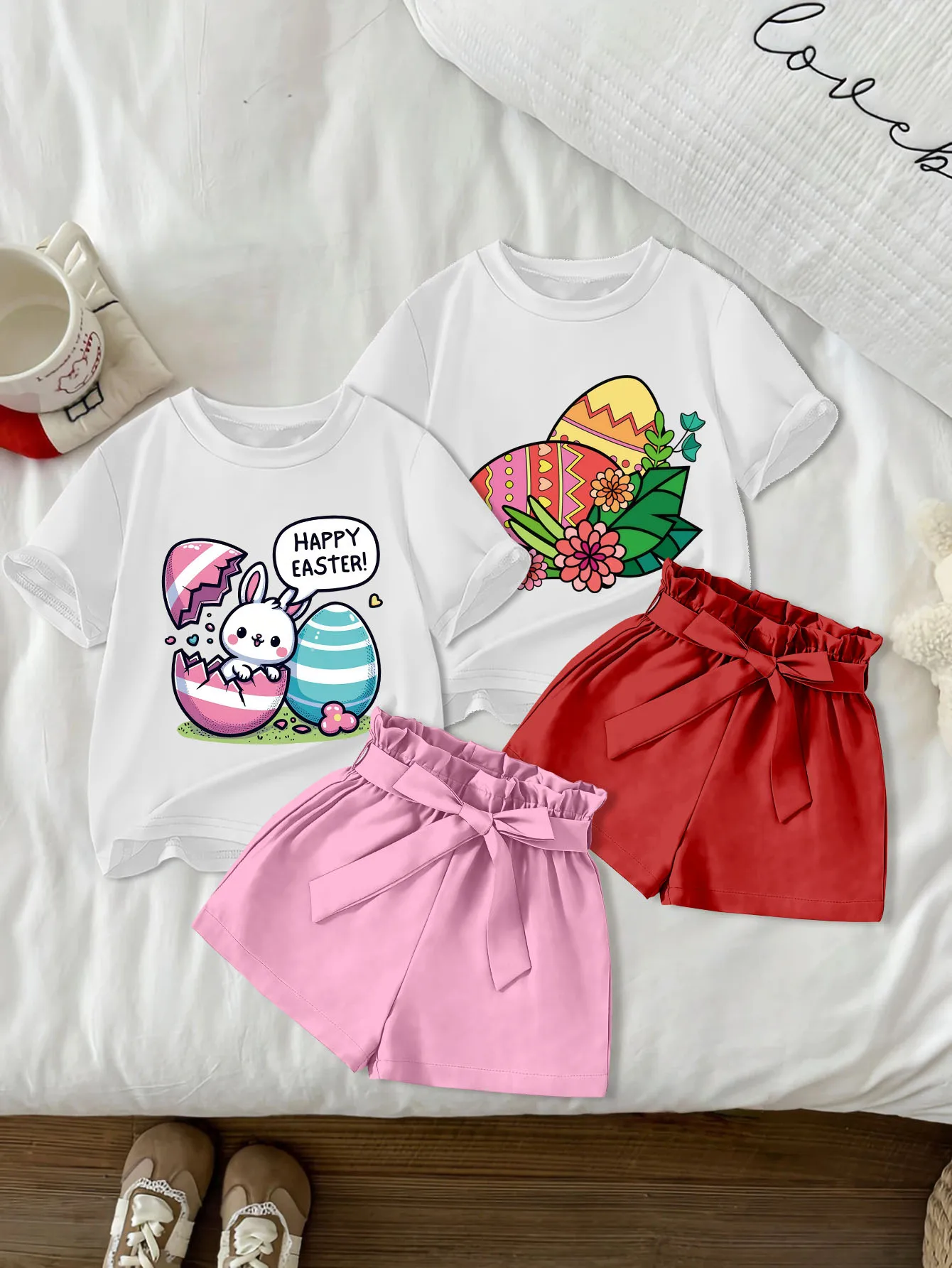 4 pieces: Easter-themed Summer Girls' Cute & Casual Round-Neck Short-Sleeve Woven Bow Shorts Set with Cartoon Easter Egg Prints