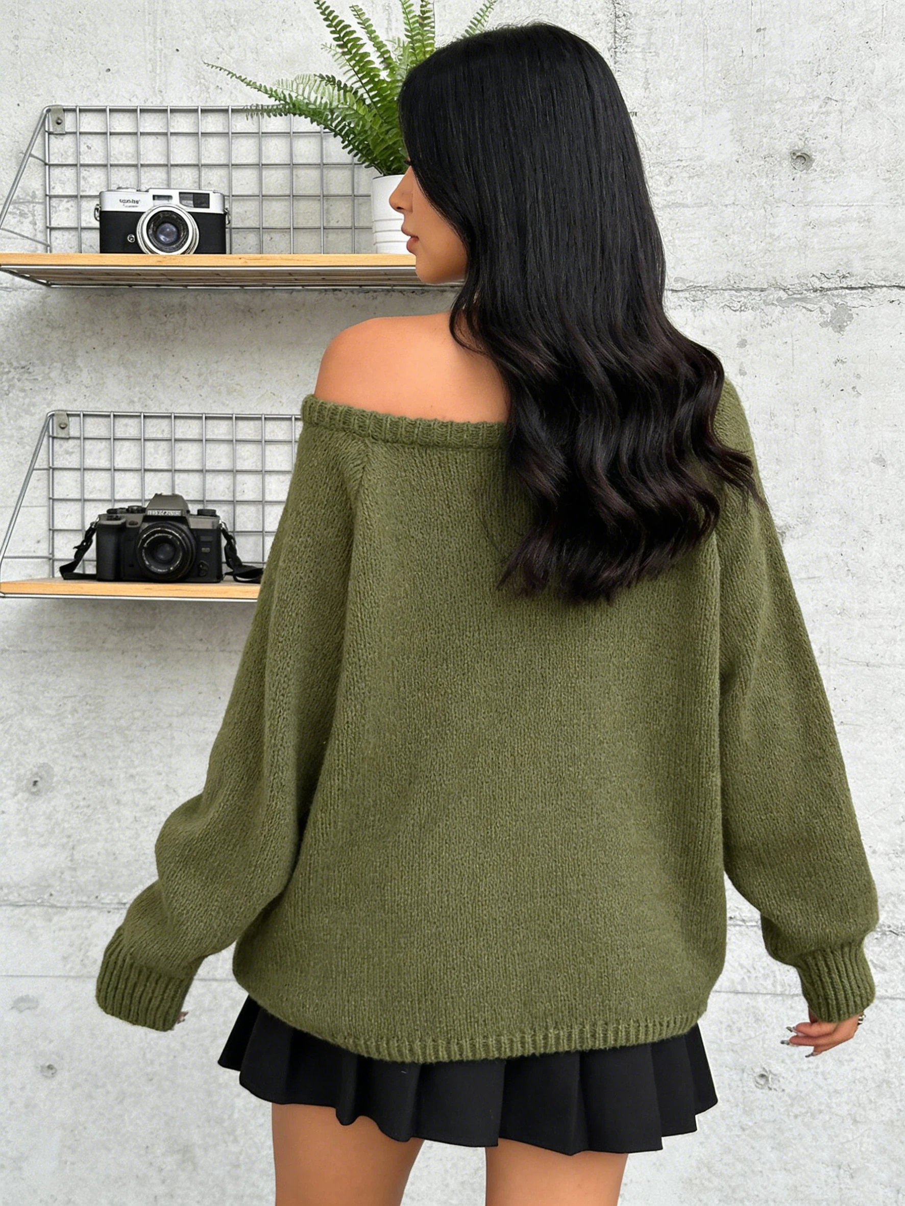 여성용 니트 아미 그린 오프숄더 풀오버, 라운드넥 캐주얼 루즈 다용도 탑, 릴렉스 니트 스웨터