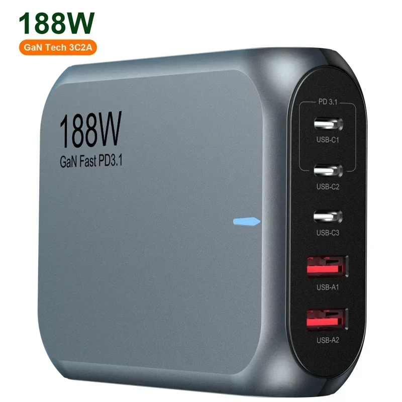 188W 140W Multi-port desktop charger 5 Port GaN PD 3.1 Fast Portable Type C Charger 3C2A with EU US UK AU Plug