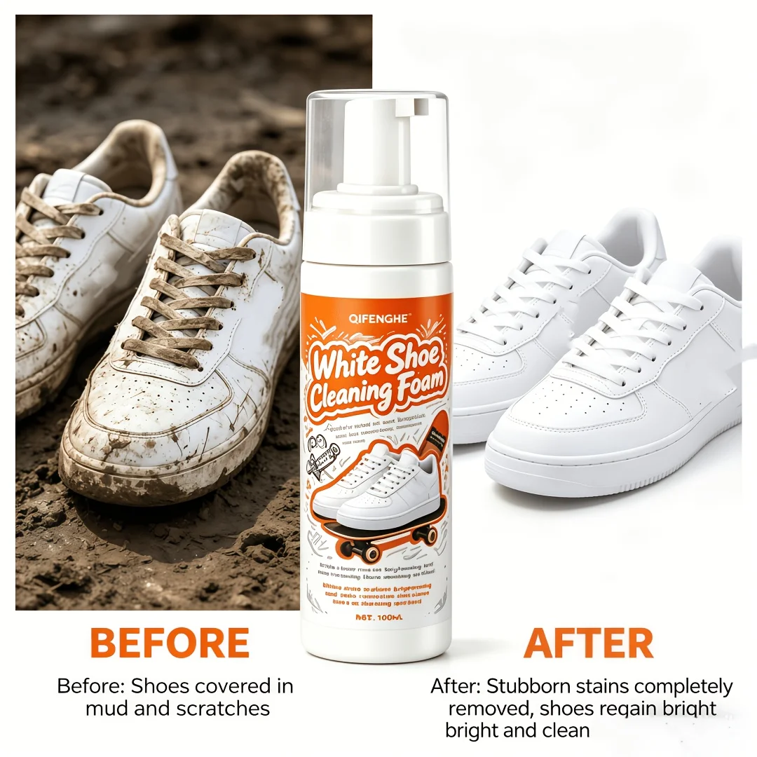Portable No Rinse White Shoe Cleaner Foam Multi-Surface Care for Sneakers Leather Shoes Watches & Jewelry Manual Pump Dispenser