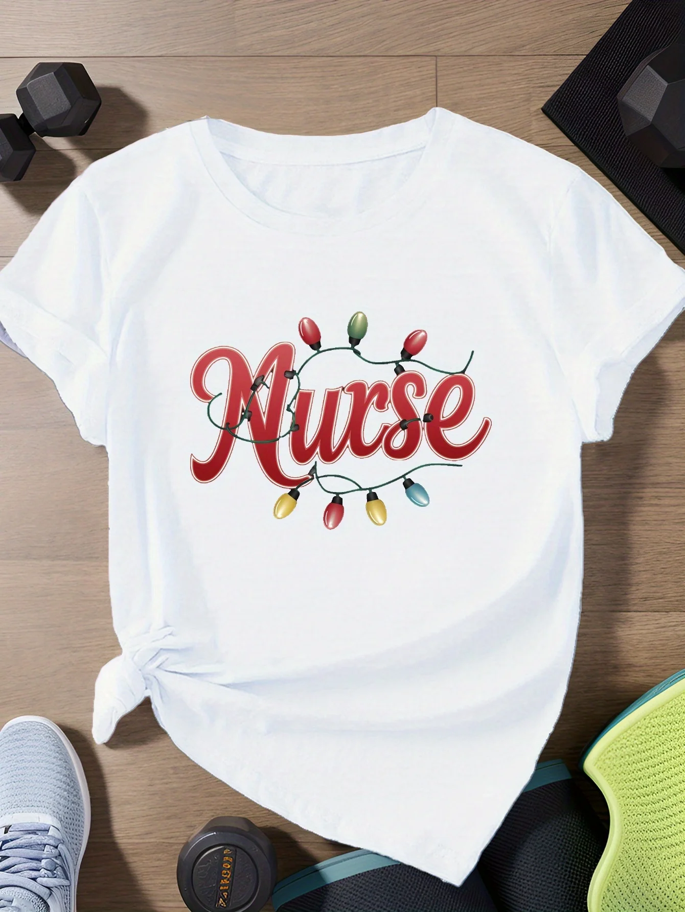 

Nurse with Christmas Lights Women's Sleeve T-Shirt Harajuku Short Sleeve Casual Clothing Street Tops Tees Aesthetic Clothes