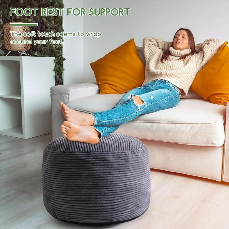 Round Stuffed Pouf Ottoman, Corduroy Poufs with Foam Chunk Filling, Furry and Fluffy Pouf Foot Stool Storage Ottoman