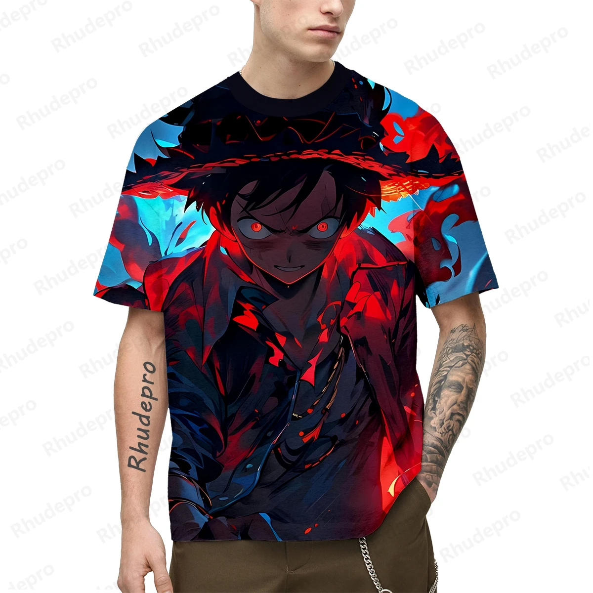 Camiseta informal de verano para hombre, de manga corta Camiseta holgada, camisa de cuello redondo con estampado 3D de Anime Luffy de una pieza