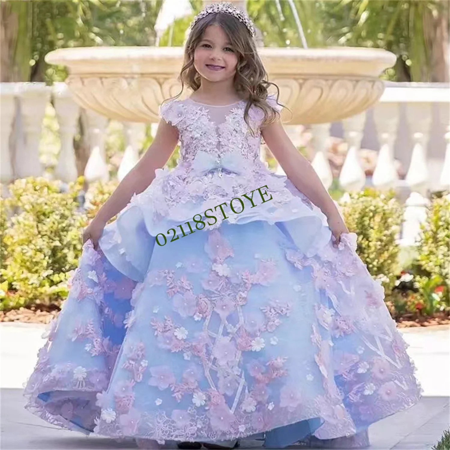 Blue Flower Girl abiti maniche corte abito da festa Tulle Appliques perline bambini compleanno abiti da principessa Vestidos De Novia