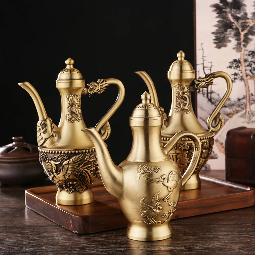 Brass Dragon and Phoenix wine pot retro ornaments metal creativity Baifu liquor Ware set household antique European high-end