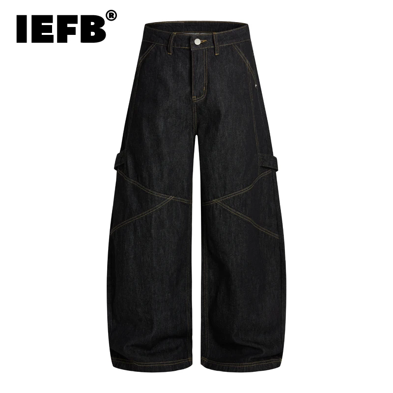 IEFB Vintage American Style Trendy Black Men's Boot Cut Jeans Visible Stitching Loose Fit Functional Denim Long Apnts 9X2469