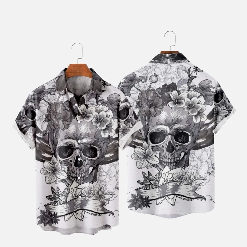 Men's Fashion Summer T-Shirts Hawaiian Skull Demon 3d Print Cozy Casual One Button Shirts Short Sleeve Beach Oversized Shirts