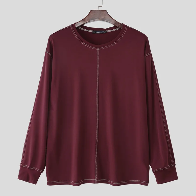 INCERUN الرجال تي شيرت المرقعة س الرقبة طويلة الأكمام المعتاد عادية الذكور المحملة القمم الشارع الشهير 2025 موضة Camisetas الرجال الملابس