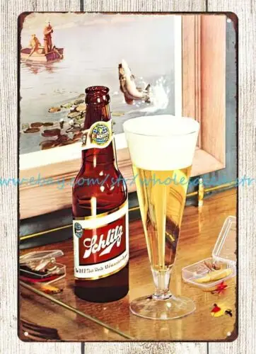 1952 SCHLITZ BEER FISHING metal tin sign kitchen decor