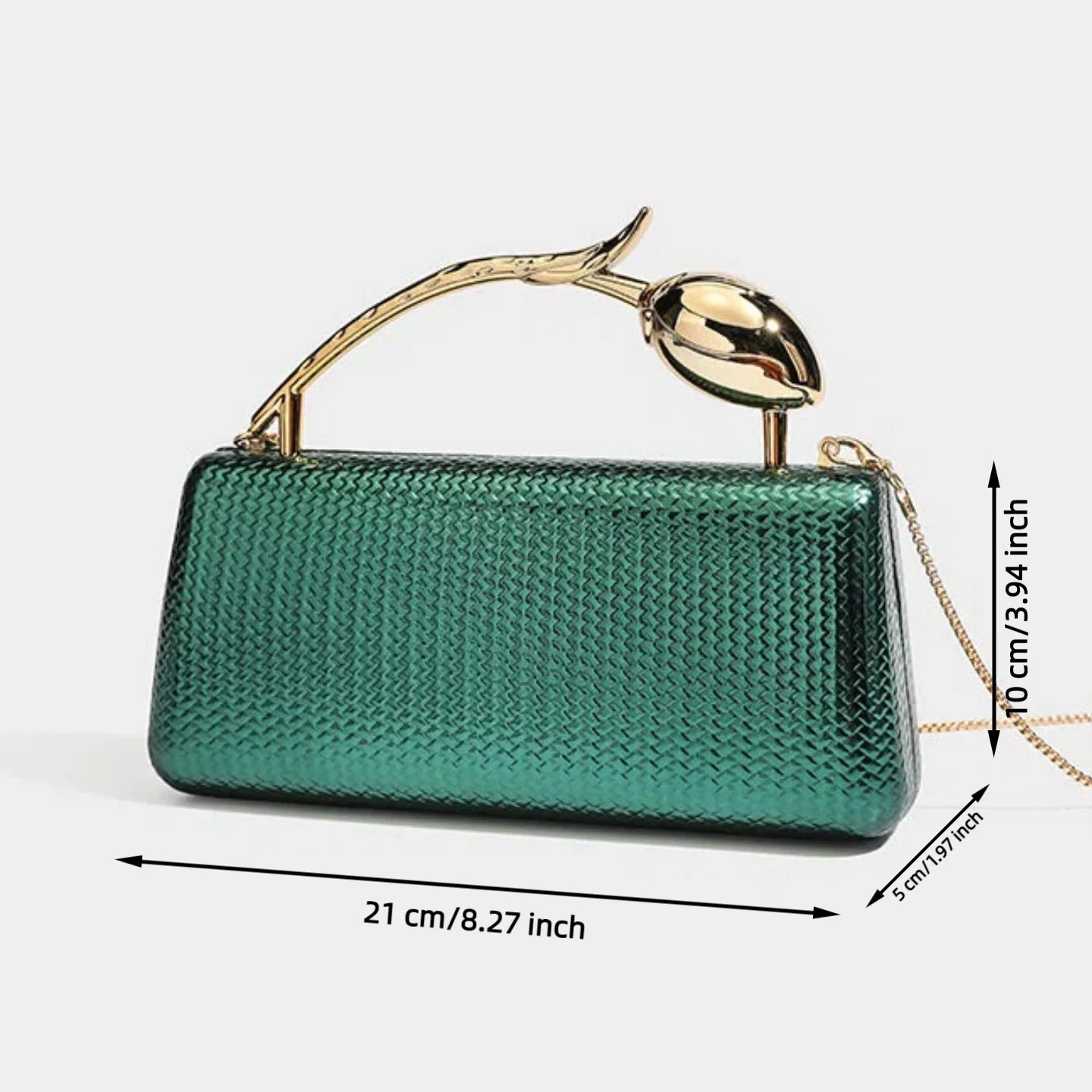 Ladies Hard‑Shell Woven Evening Handbag, Glossy Metallic Texture, Unique Tulip Gold Metal Top Handle, Removable Chain Strap for Prom Cocktail Events