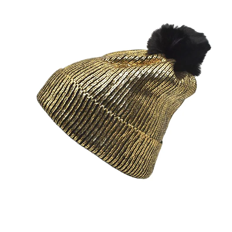 Women Girls Winter Warm Metallic Shiny Knitted Crochet Beanie Hat With Pom Pom Silver Gold With Fur Balls Thick Caps Y2K 2023