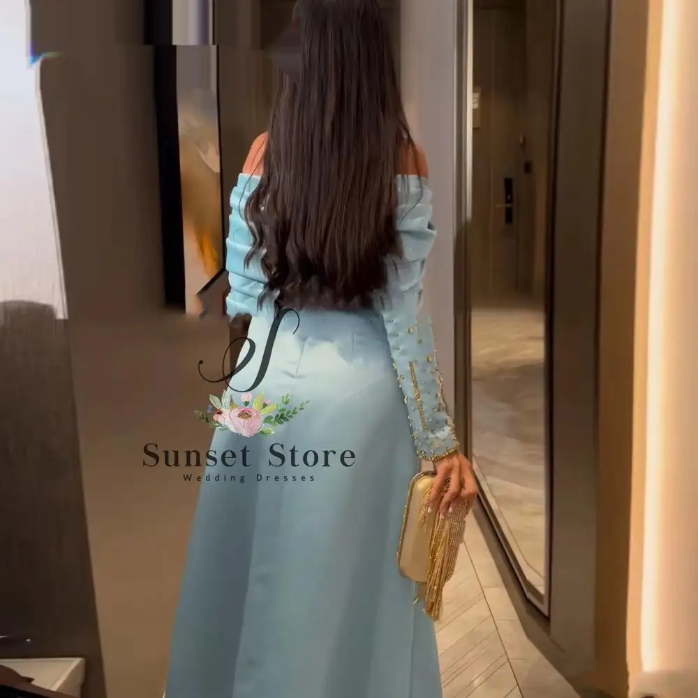 Customized  Blue Satin Evening Dress Elegant Graceful Strapless Cap Sleeve Long Sleeves Zipper Back Homecoming Dress