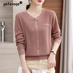 Frauen koreanische Mode solide Knopf elegante schicke Strickwaren Herbst weibliche Rundhals ausschnitt Langarm lose Pullover Tops lässige Pullover