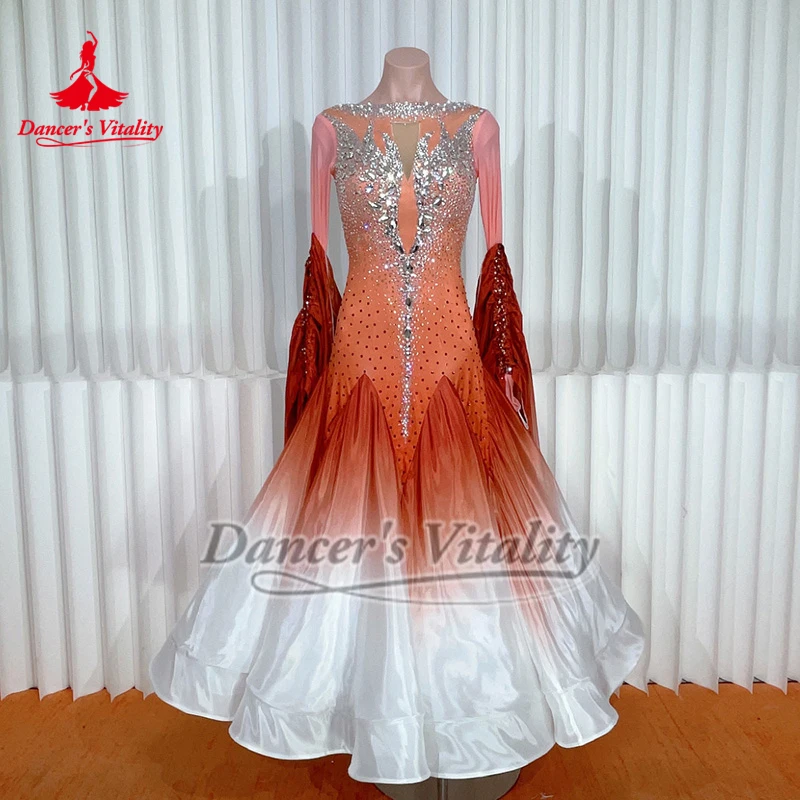 Gradiëntkleuren Ballroom Dans Parel Zijde Aangepaste Grote Schommel Jurken Volwassen Vrouwen Tango Foxtrot Professionele Competitie Kleden