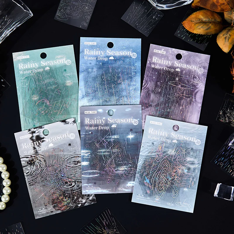 1pack/30pcs Laser Rain Themed Transparent Glitter Stickers Holographic Raindrop Decals Scrapbooking DIY Journal Craft Supplies view 3