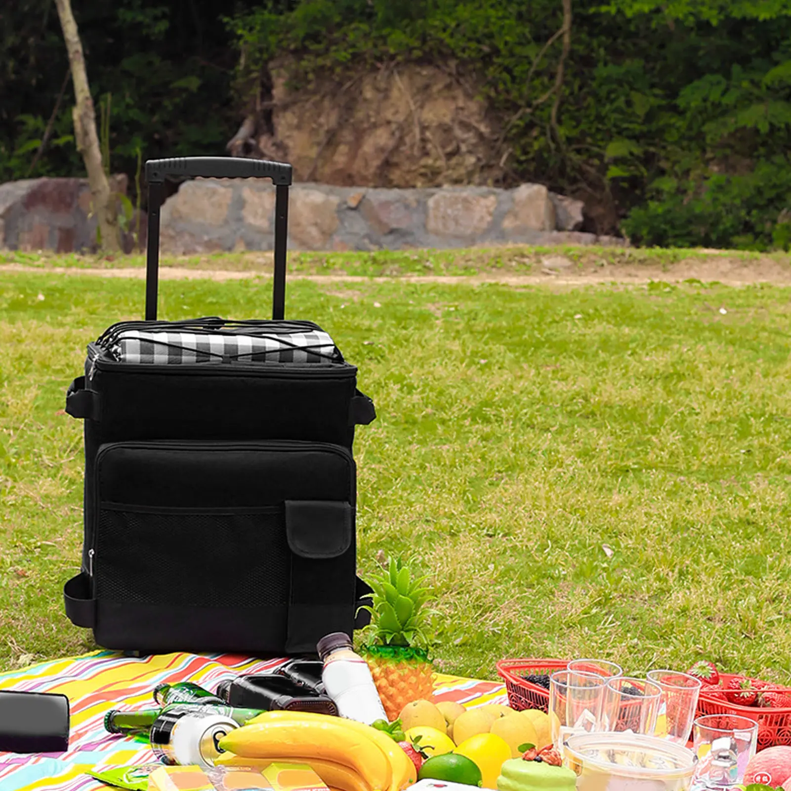 43L Wheeled Cooling Bag Dual Zipper Trolley Lunch Bag Waterproof Portable Cooler With Handle For Picnic Camping BBQ