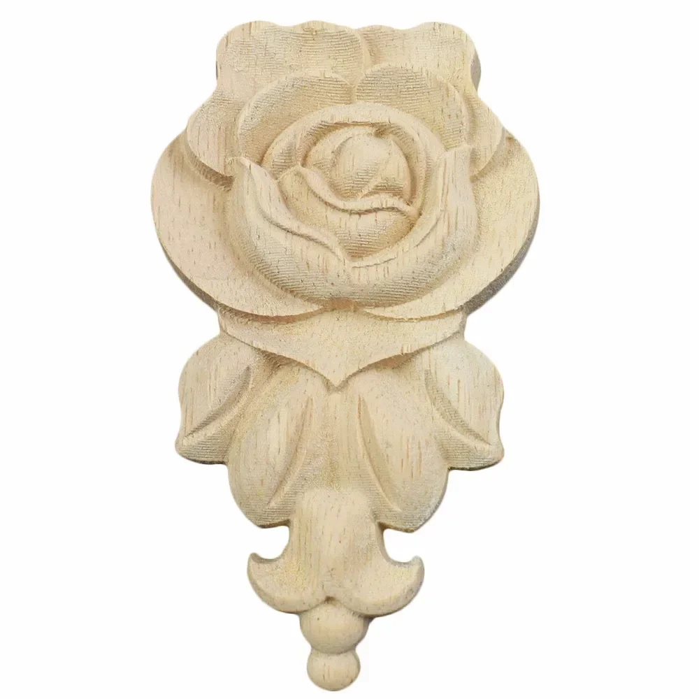 4PCS Flower Wood Carving Wood Appliques Furniture Cabinet Unpainted Wooden Miniatures Mouldings Decal Decorative Figurines