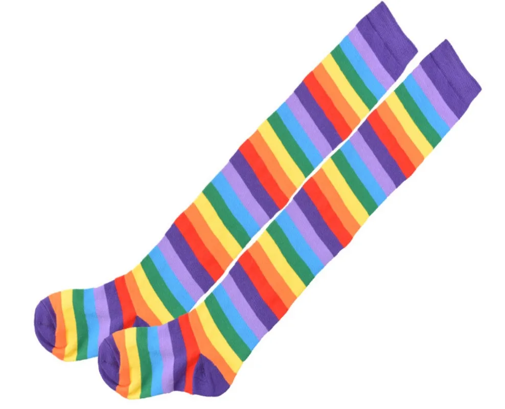 1Set Colorful Rainbow Stockings + Arm Warmer Gloves Cotton Striped High Thigh Knee Socks Festival Party Cosplay Socks