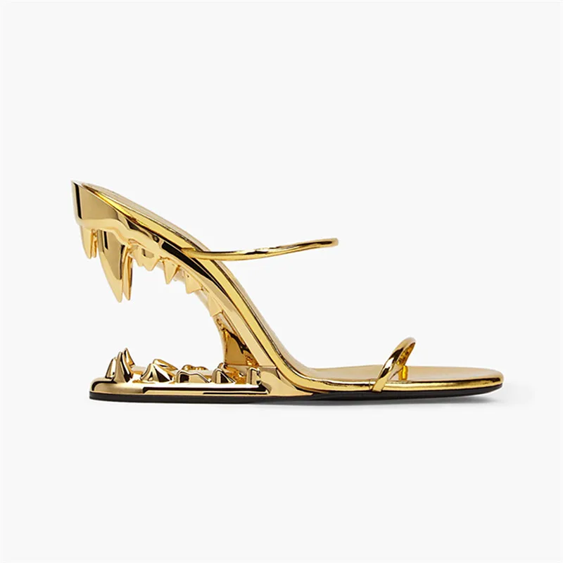 

Женские модные туфли-мюли с открытым носком, золотистым каблуком в виде тигрового зуба, на танкетке, с ремешками, для пляжа, улицы, вечеринок и ночных клубов