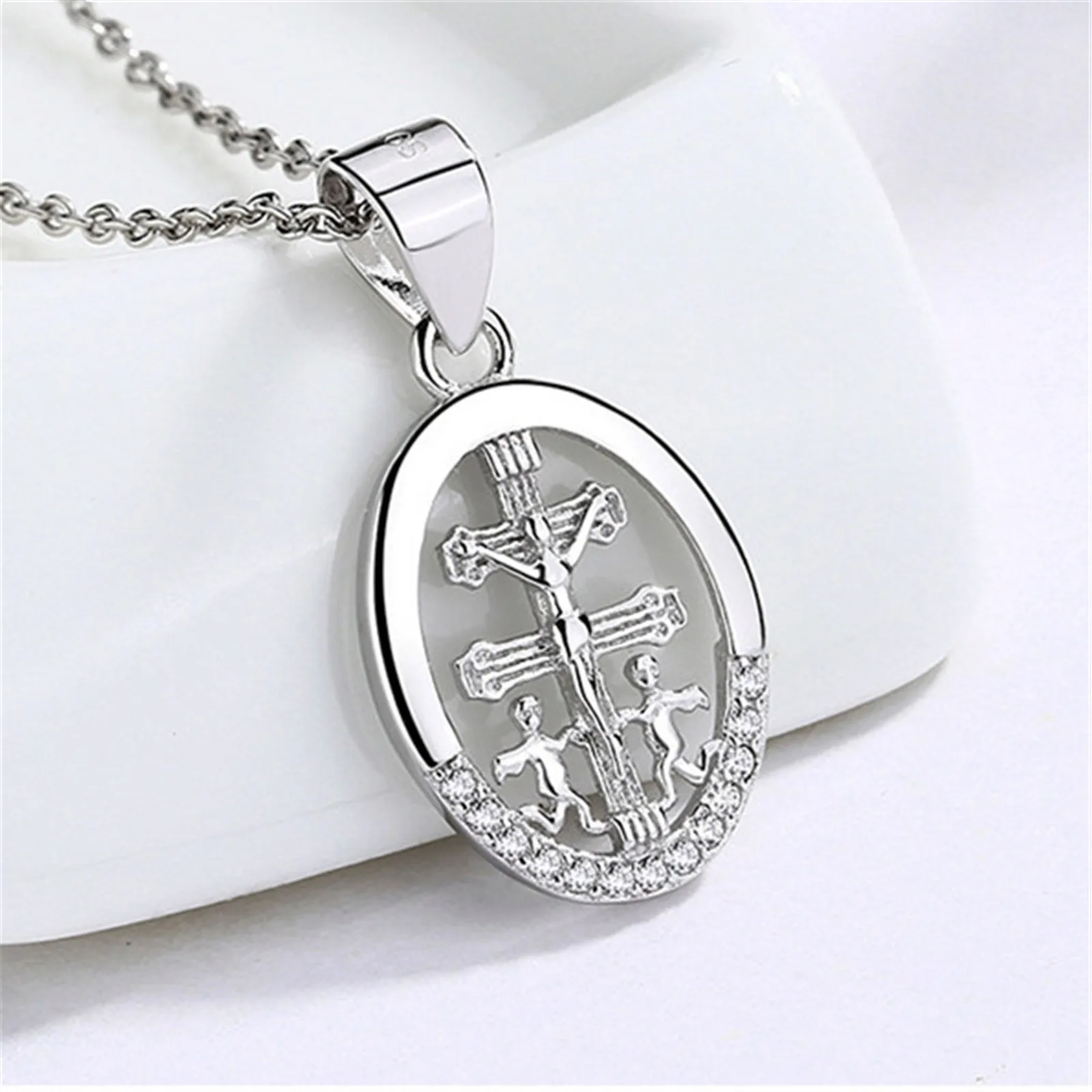 

Cruz De Lorena Sterling Silver 925 Oval Lorraine Cross Pendant Necklace for Women Girls Religious Jewelry Crucifix Vera Cruz