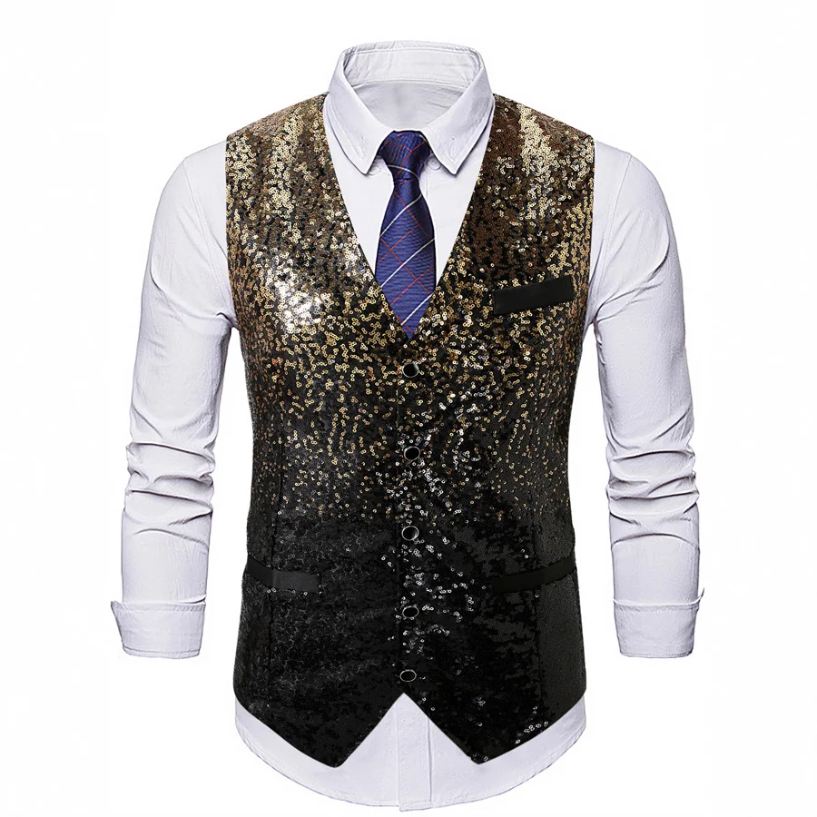 

Shiny Gradient Sequin Suit Vest Men's Single Breasted Slim Fit Waistcoat Luxury Wedding Party Stage Prom Costume with Glitter